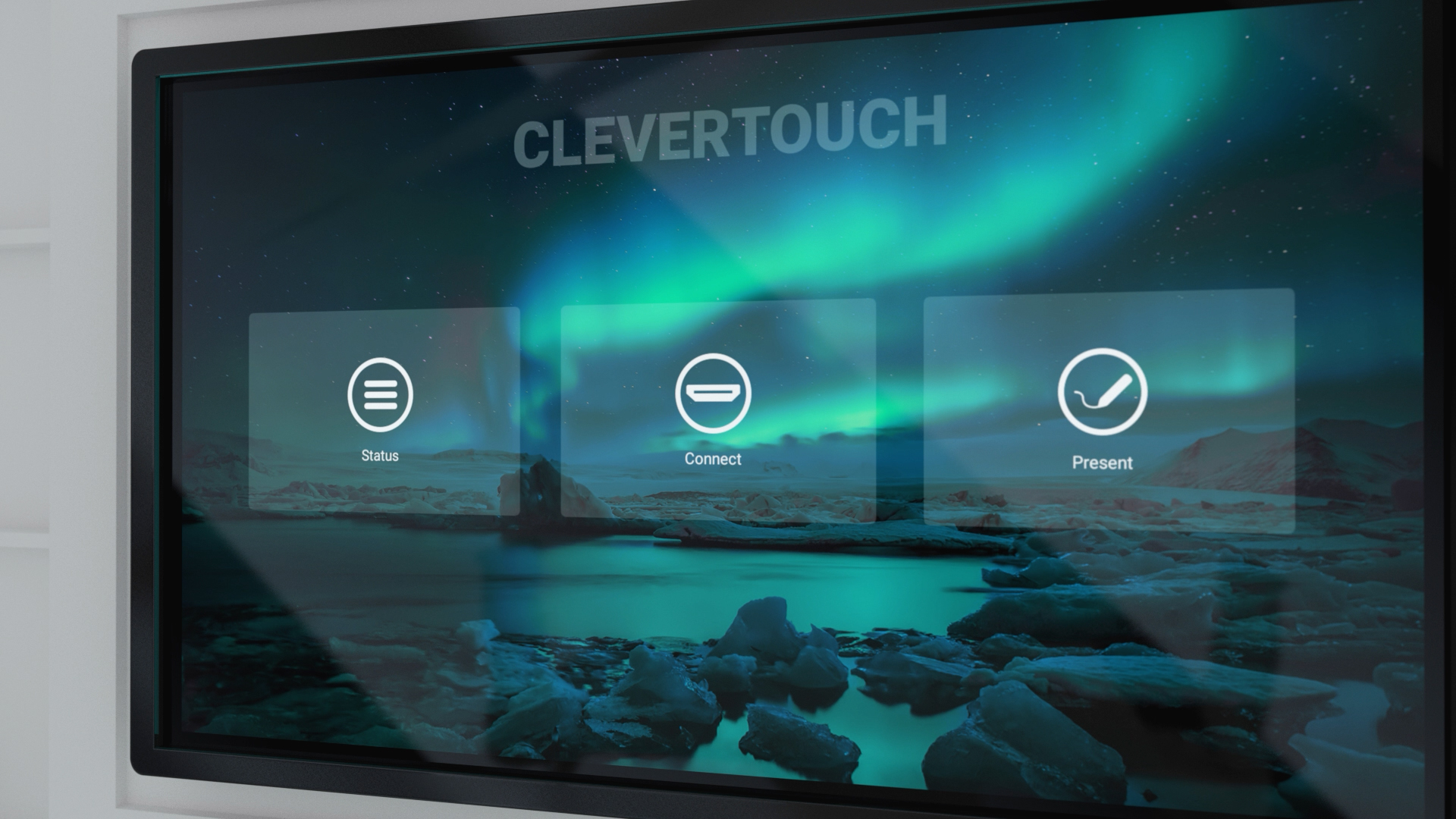 Close angle on the Clevertouch aurora home screen and its UI buttons